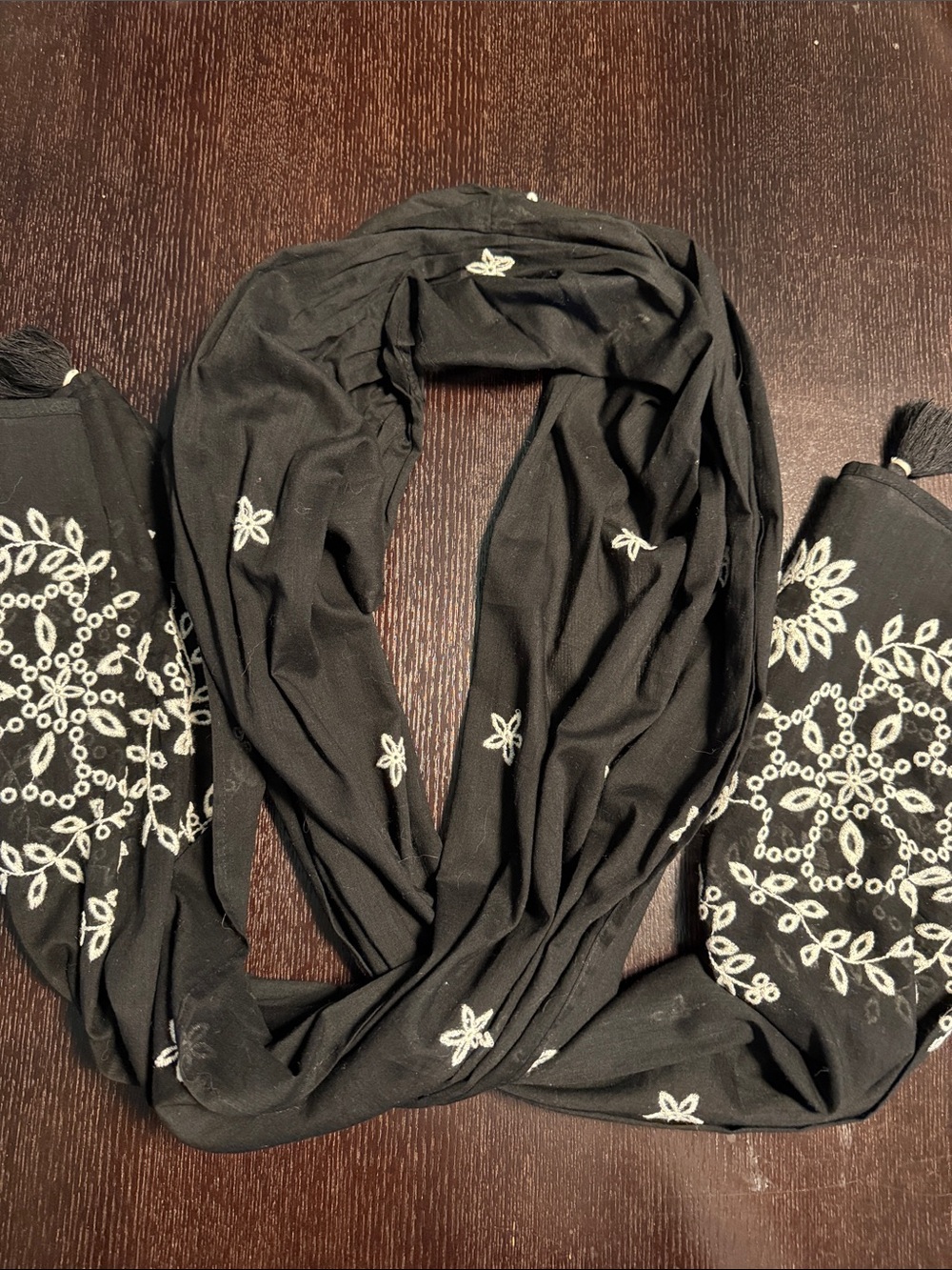 J.Jill Black Embroidered Floral Scarf 100% Cotton India Tassels